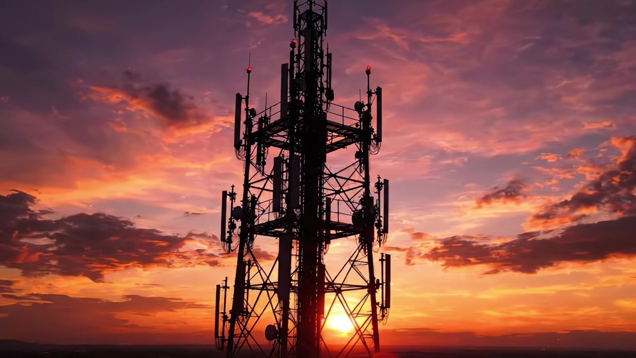 Un maestoso tramonto sagoma un'imponente struttura di comunicazione contro un cielo drammatico, catturando l'intersezione tra tecnologia e bellezza della natura.