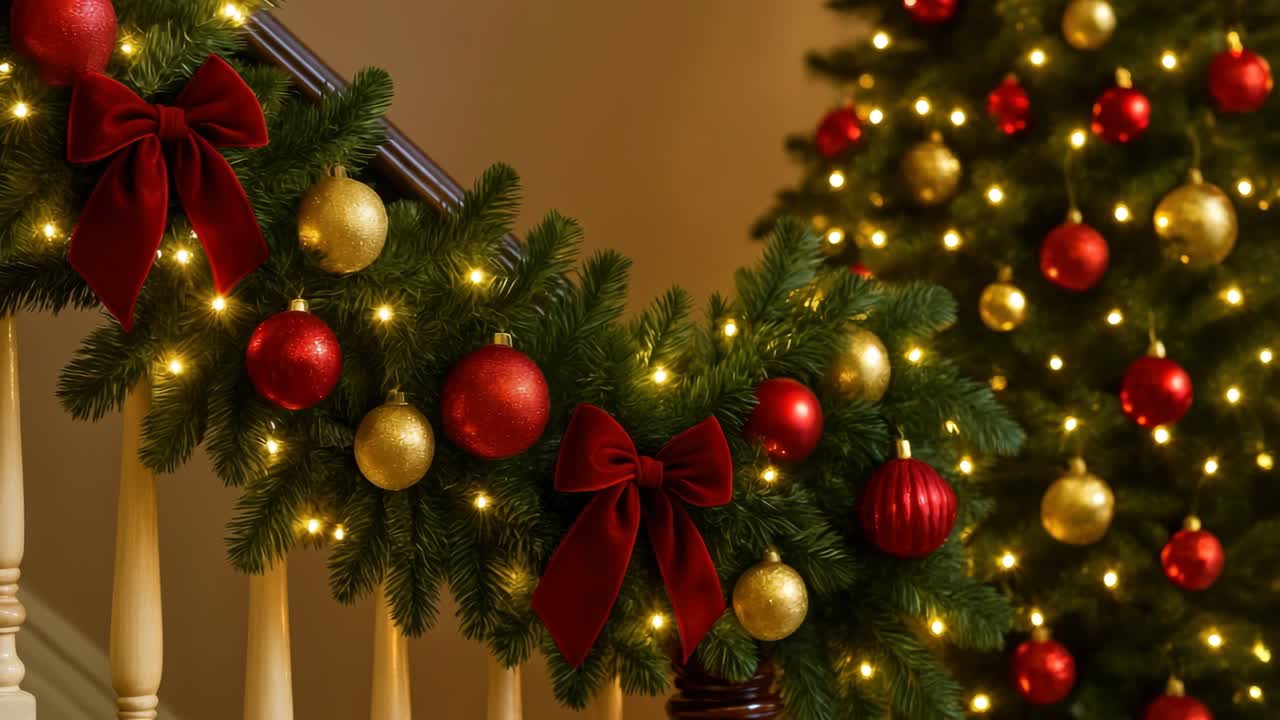 Festive Christmas decor with red and gold ornaments on a staircase, captured at eye level