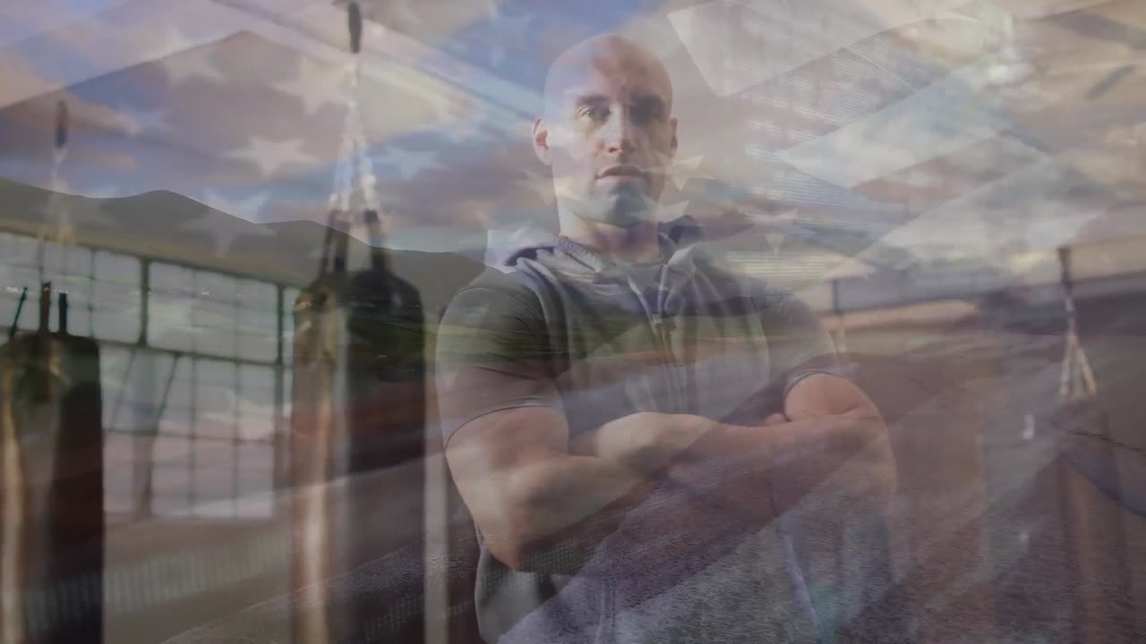 animación de la bandera de los estados unidos sobre el hombre en forma caucásica en el gimnasio