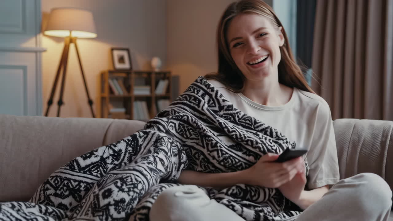 mujer relajándose en el sofá con el teléfono