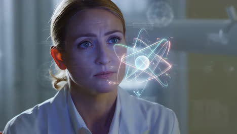 scientist observing holographic atom model in laboratory