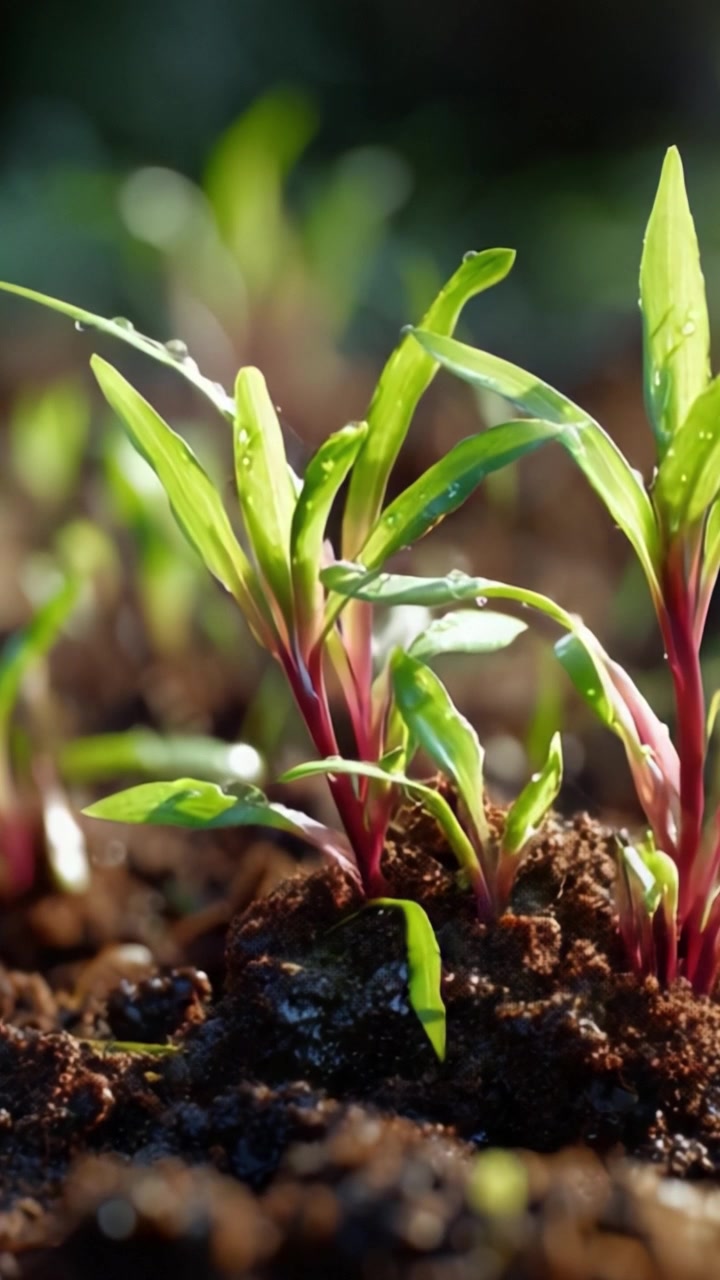 Plántulas verdes vibrantes con gotas de agua creciendo en tierra fértil