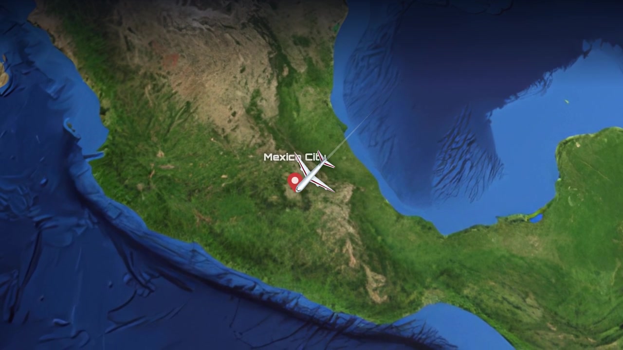 Satellite map animation tracks a commercial airplane flying from North Carolina to central Mexico