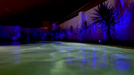 colorful lights reflecting on a serene pool