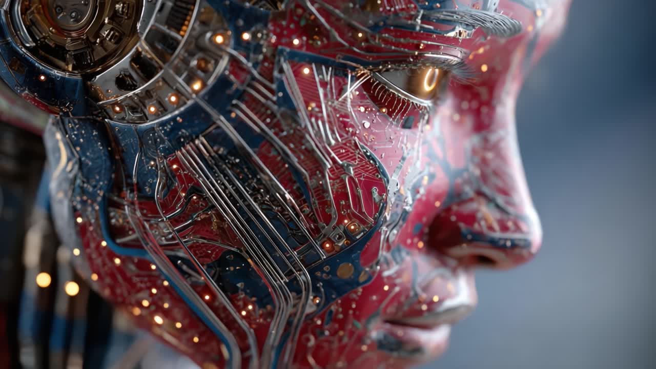 A Stunning Close-Up of a Futuristic Android Face Featuring Intricate Circuitry and Advanced Design Elements, Showcasing the Intersection of Technology and Artistry