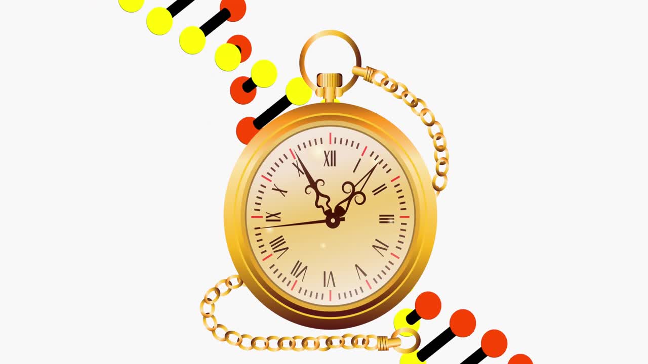 白い背景の dna ストレンドを移動する時計のアニメーション