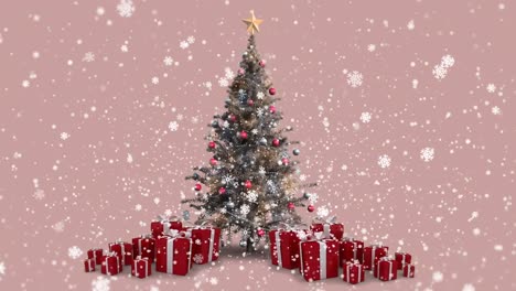 Animation-Von-Schneeflocken,-Weihnachtsbaum-Und-Geschenken-Auf-Beigem-Hintergrund