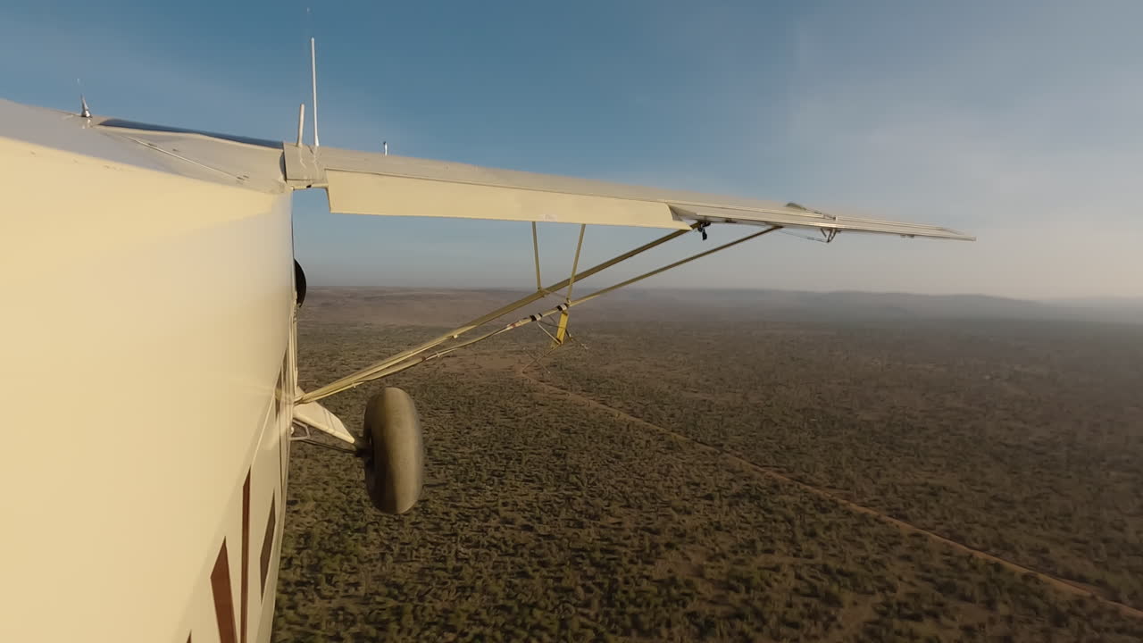 Small air plane side view over shrubs and road