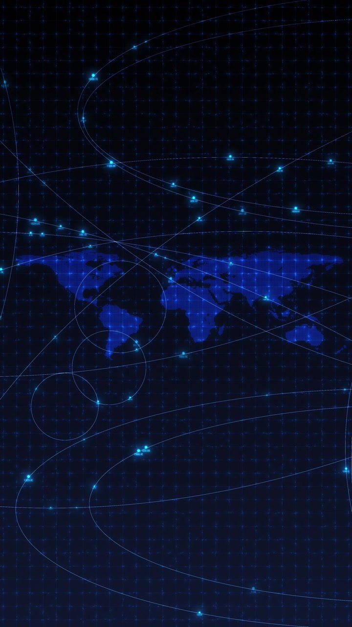Blue world map network background with dotted continents glowing grid route lines and global data