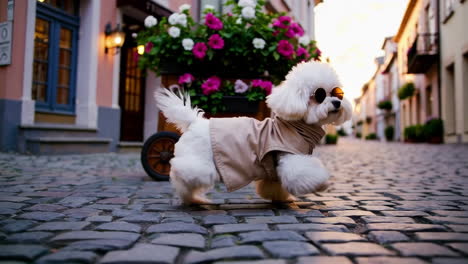 fashionable maltese dog in a city street