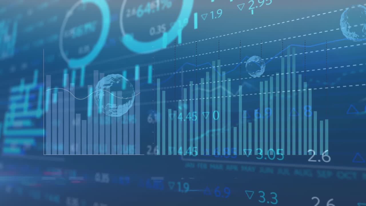 Animation of bubbles and data processing over blue background