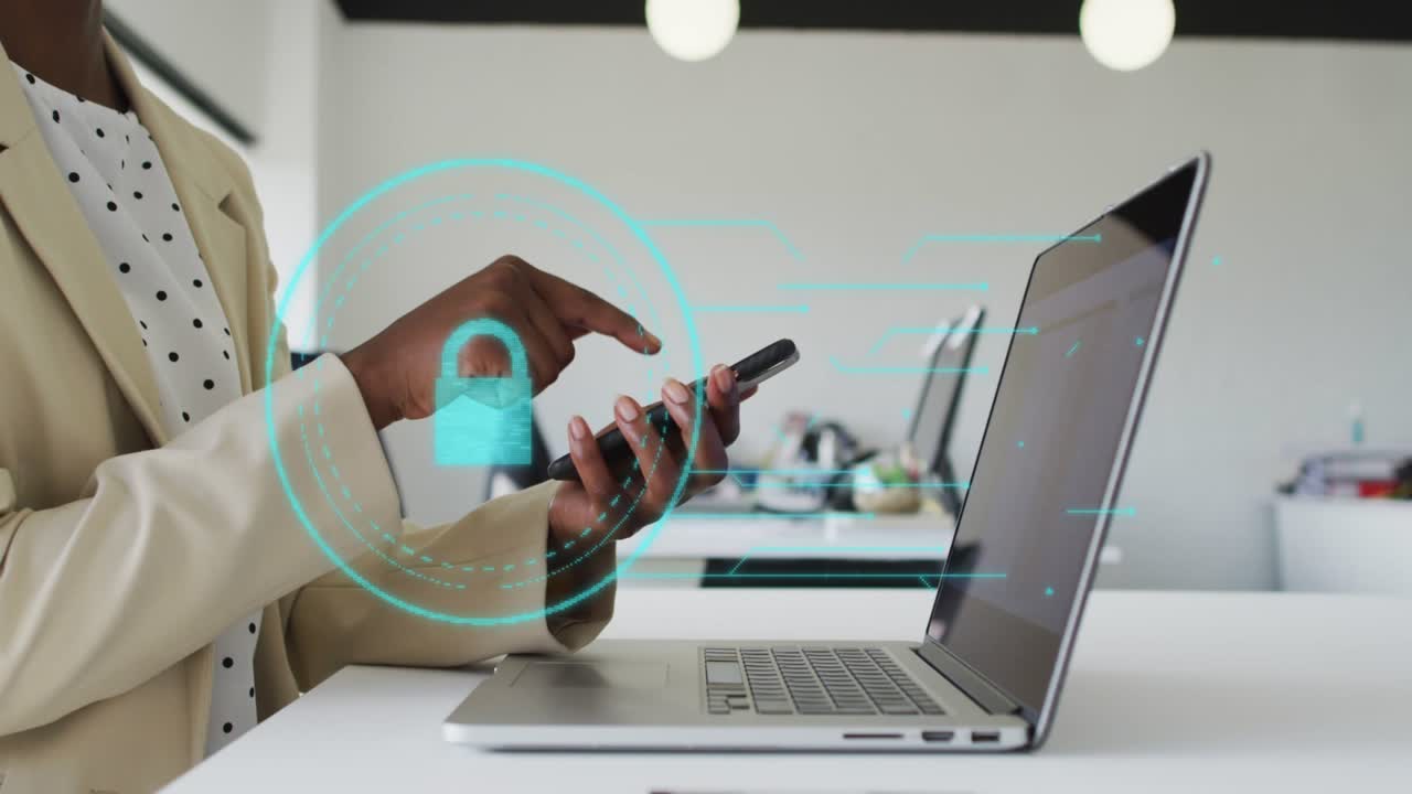 Woman tapping smartphone and gesturing, activating teal animated lock UI for secure login