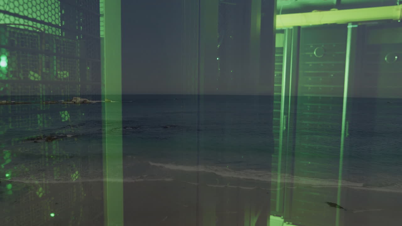 Animation of ocean waves blending with green-lit server racks in surreal scene