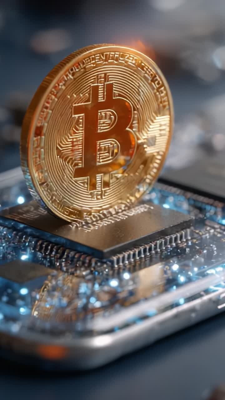 Una visuale ravvicinata di un Bitcoin su un microchip, a simboleggiare l'intersezione tra criptovaluta e tecnologia nell'economia digitale
