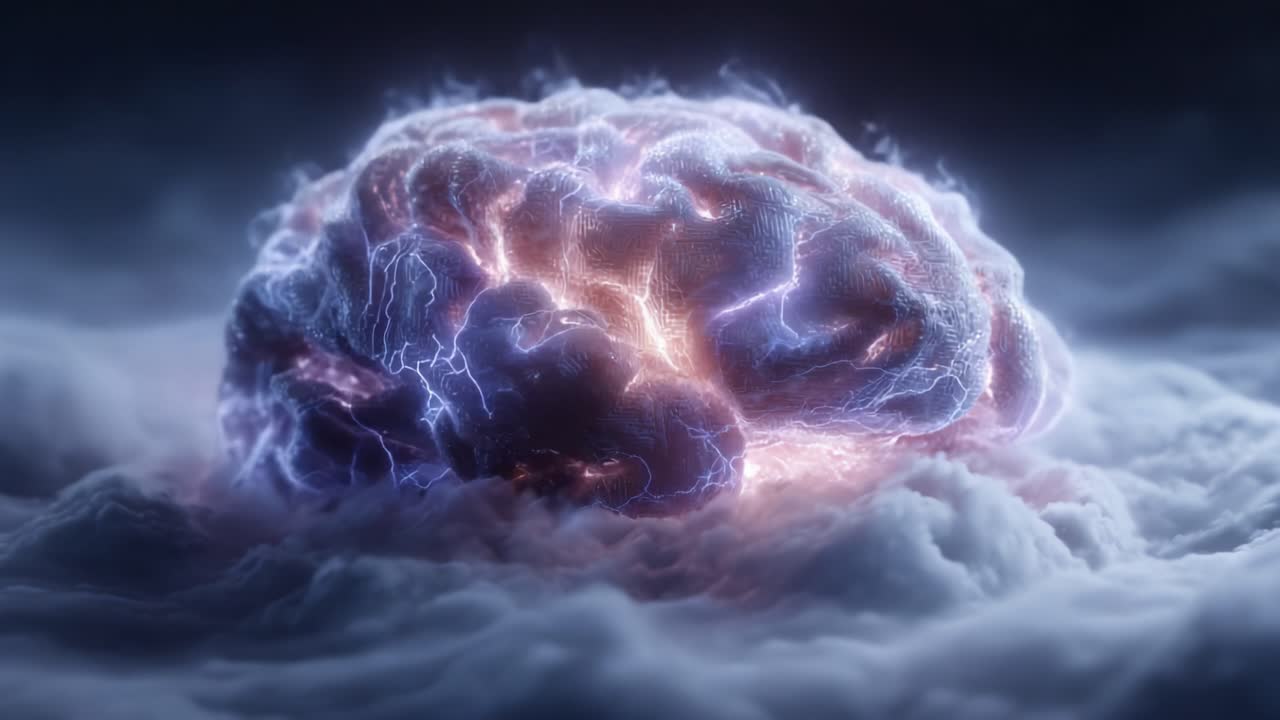A Stunning Visualization of a Brain Surrounded by Electrifying Energy, Emphasizing the Complexity and Power of Human Thought in an Ethereal Cloud Environment