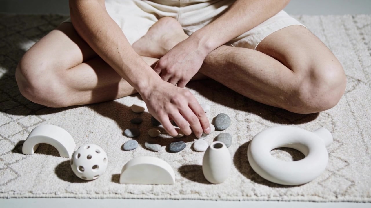 Mani che si protendono guidano un uomo in pantaloncini che sposta pietre in file su un tappeto con forme ceramiche bianche.