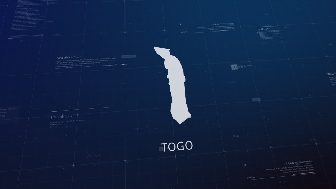 Togo country map comes to life with cinematic panning, unveiling key details, the capital, and slogan, providing an engaging background for corporate and commercial use