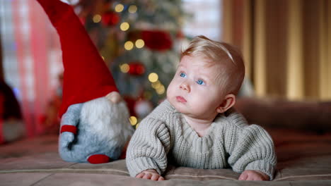 blond baby boy with big blue eyes lies on his belly. christmas dwarf stand beside the child. christmas tree at backdrop in blur.