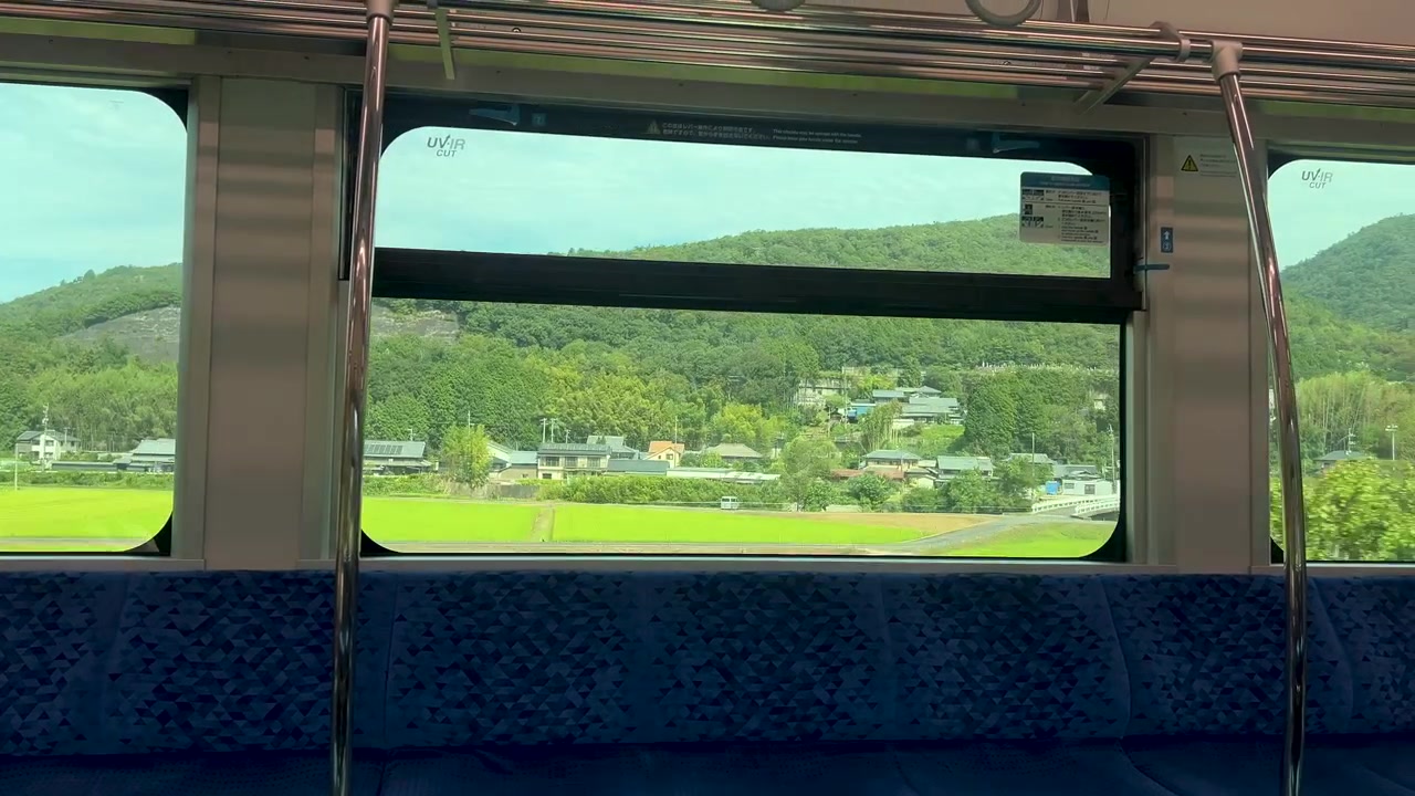 電車の窓の前を通り過ぎていく、日本らしい田園風景の田んぼ