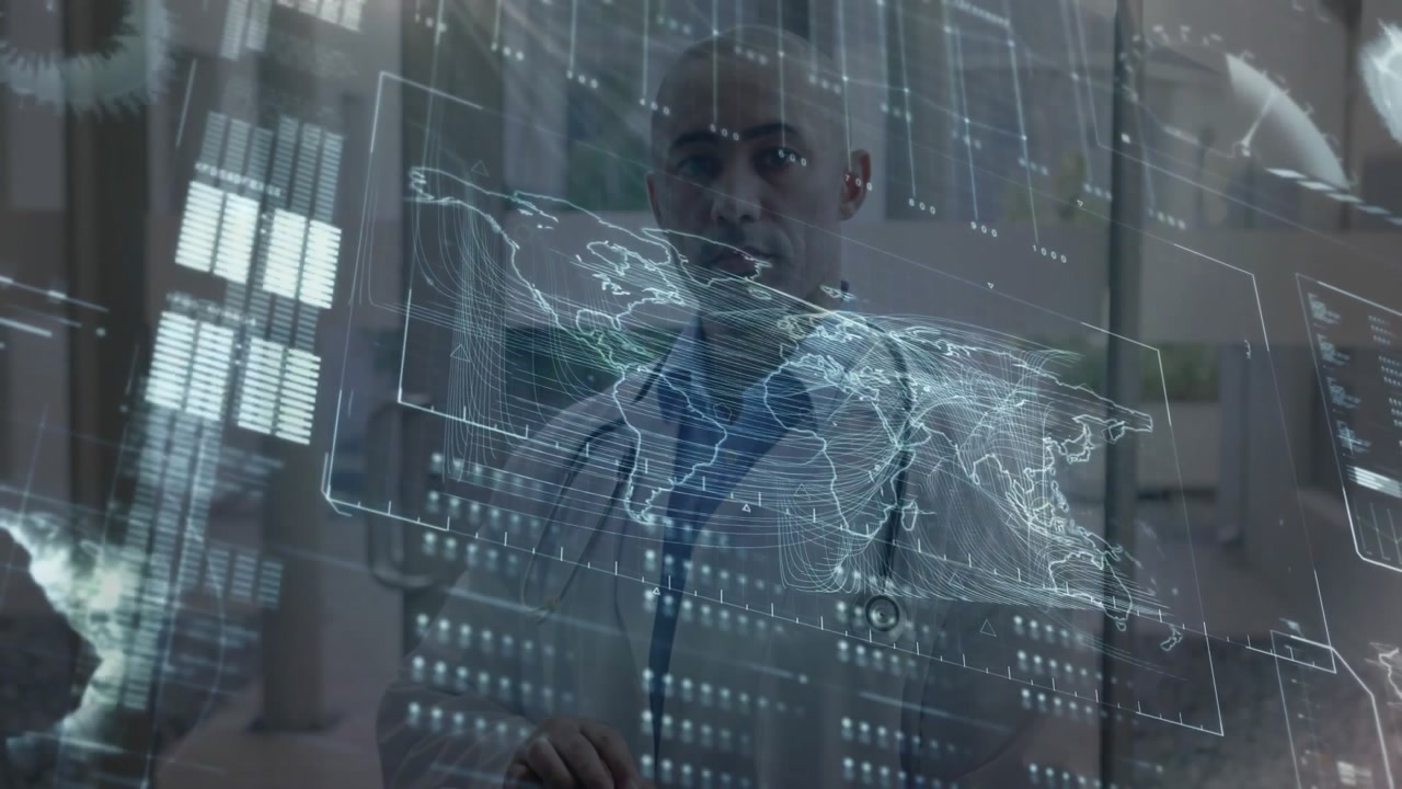 Male doctor interacting with holographic world map and data charts in clinical tech lab