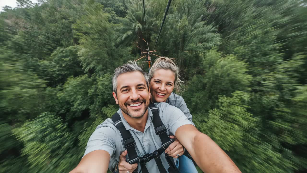 Extending arm man taking selfie while couple smiling and zipping over trees wearing polo, harness