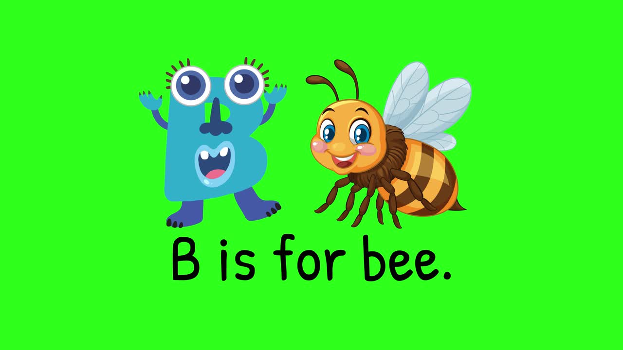 Bright animation with a playful monster and bee illustrating the letter B. Engaging visuals on a vibrant green background