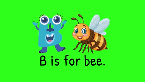bright animation with a playful monster and bee illustrating the letter b. engaging visuals on a vibrant green background