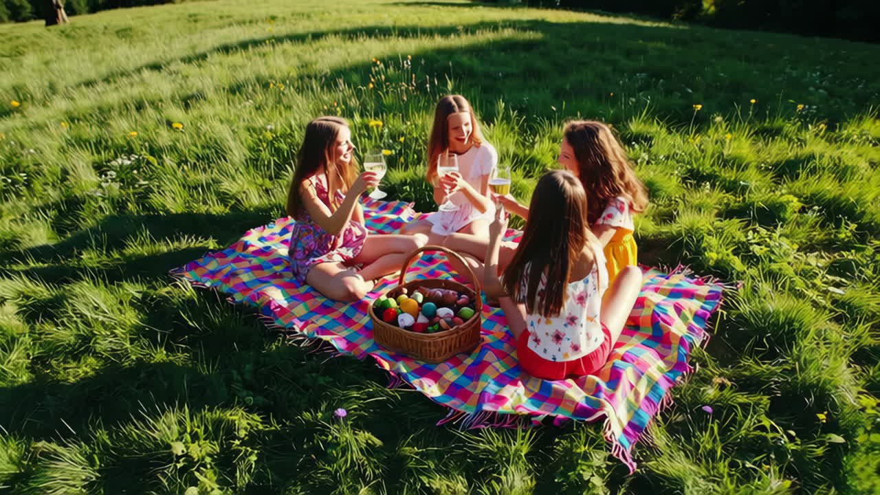 Friends Enjoying an Easter Picnic and Toasting Outdoors