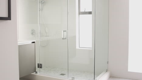 Modernes-Badezimmer-Mit-Duschkabine-Und-Freistehender-Badewanne,-Sonnenlicht,-Keine-Menschen