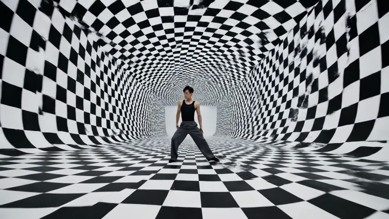 Checkered pattern background with a man posing