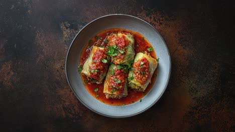 stuffed cabbage rolls with minced meat and rice in tomato sauce