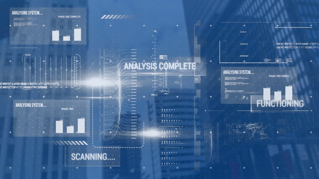 Animation of interface with data processing against tall building