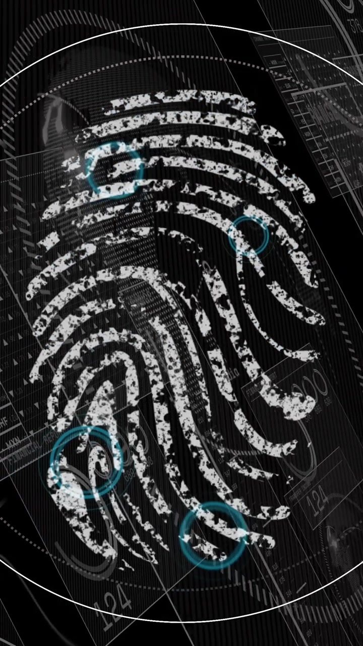 Animation of financial data processing and biometric fingerprint over black background