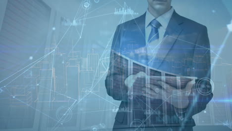 animation of data processing over caucasian businessman with tablet