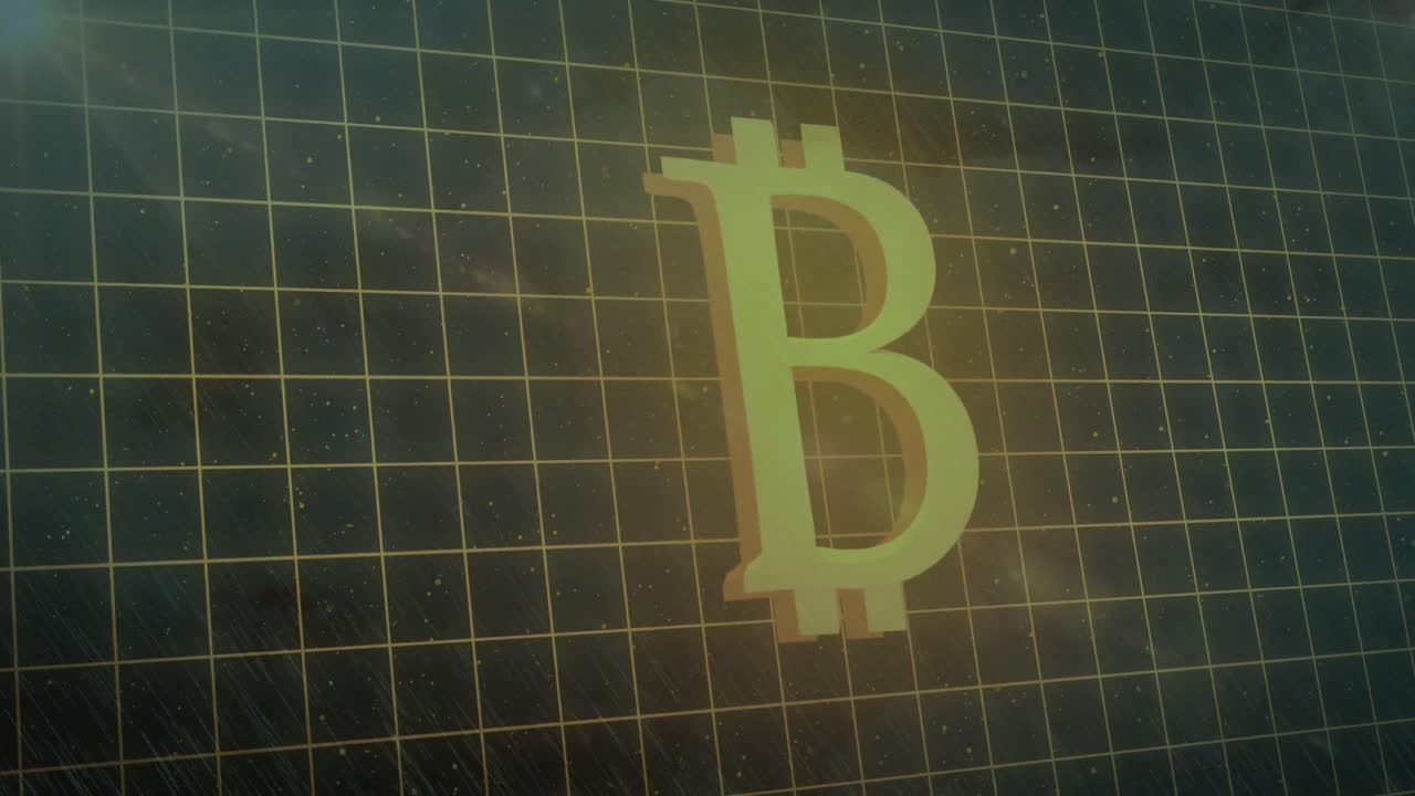 animación digital del símbolo de la moneda bit en la red contra la tormenta eléctrica en el cielo nocturno