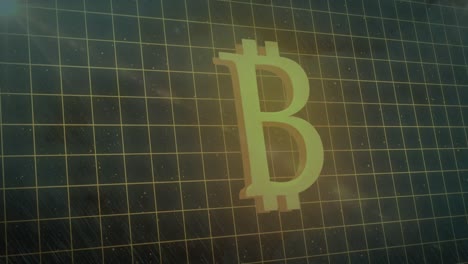 animación digital del símbolo de la moneda bit en la red contra la tormenta eléctrica en el cielo nocturno