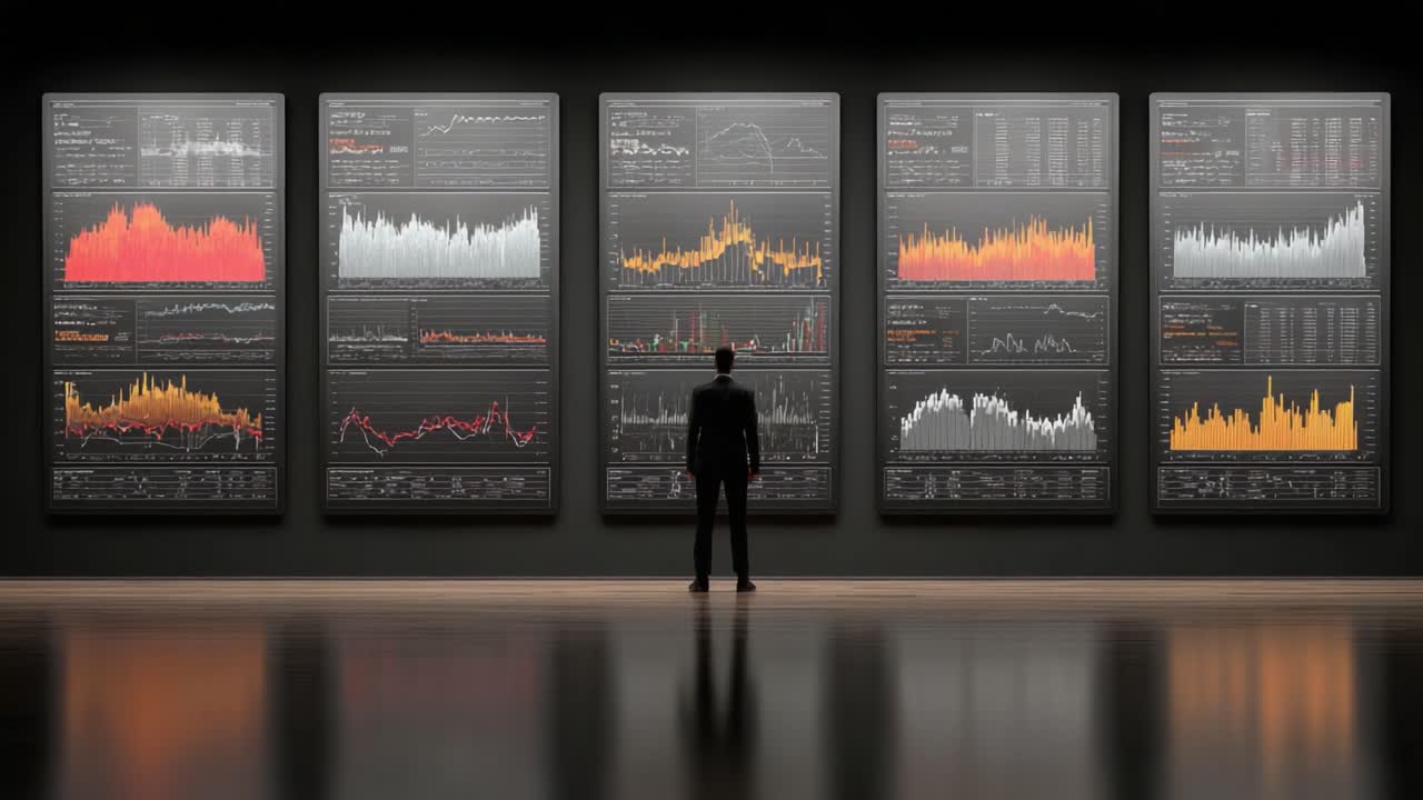 Un analista finanziario osserva visualizzazioni di dati avanzati proiettati su schermi digitali, analizzando le tendenze del mercato e le metriche statistiche per un processo decisionale informato
