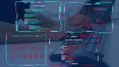 Animación-Del-Procesamiento-De-Datos-Digitales-En-Pantallas-Sobre-Una-Mujer-Birracial-Usando-Una-Computadora-Portátil