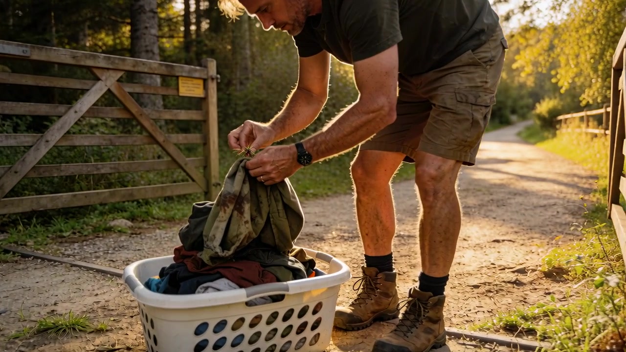 Lifting garment hiker inspecting clothes at laundry basket by trail gate removing ticks in boots