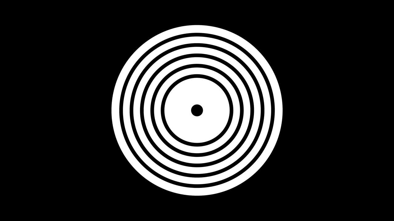 objeto gráfico en blanco y negro con efecto estroboscópico e hipnótico, que gira en el sentido de las agujas del reloj disminuyendo el tamaño de pantalla completa a desaparecer en el centro, en formato de video 16: 9