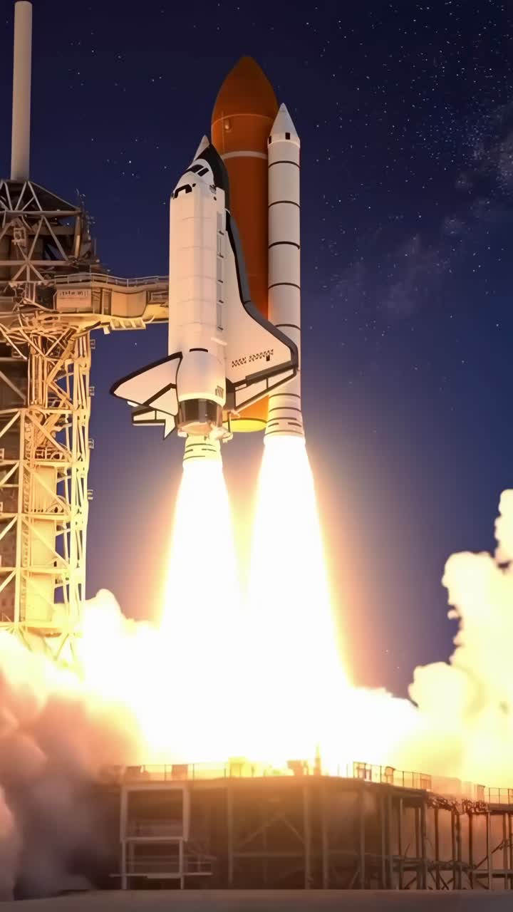 A dynamic low-angle video of a space shuttle launching, capturing the power and energy