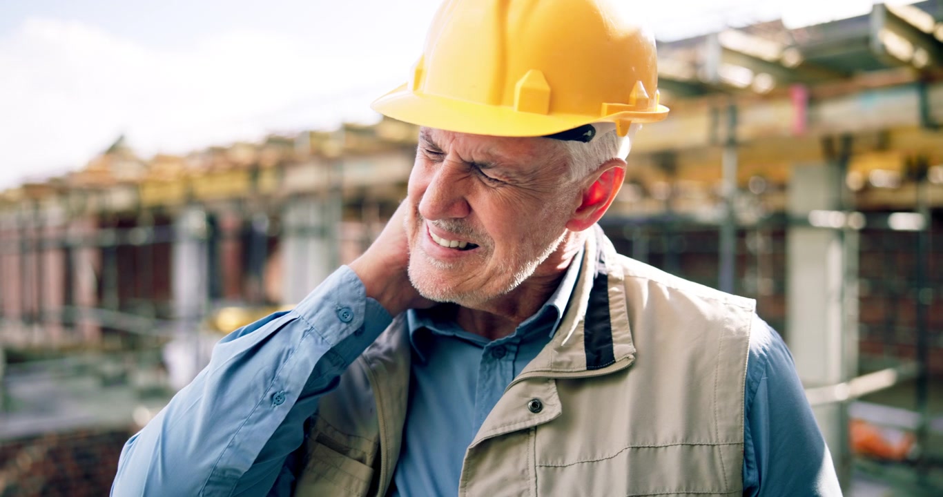 Senior Construction Worker Suffering From Neck Pain on Site