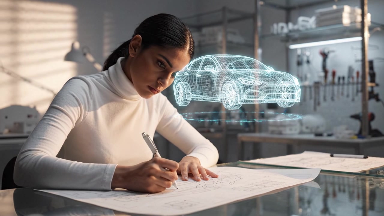 Una joven concentrada dibuja diligentemente el diseño de un coche, fusionando el arte tradicional con tecnología innovadora en un espacio de trabajo moderno lleno de herramientas.