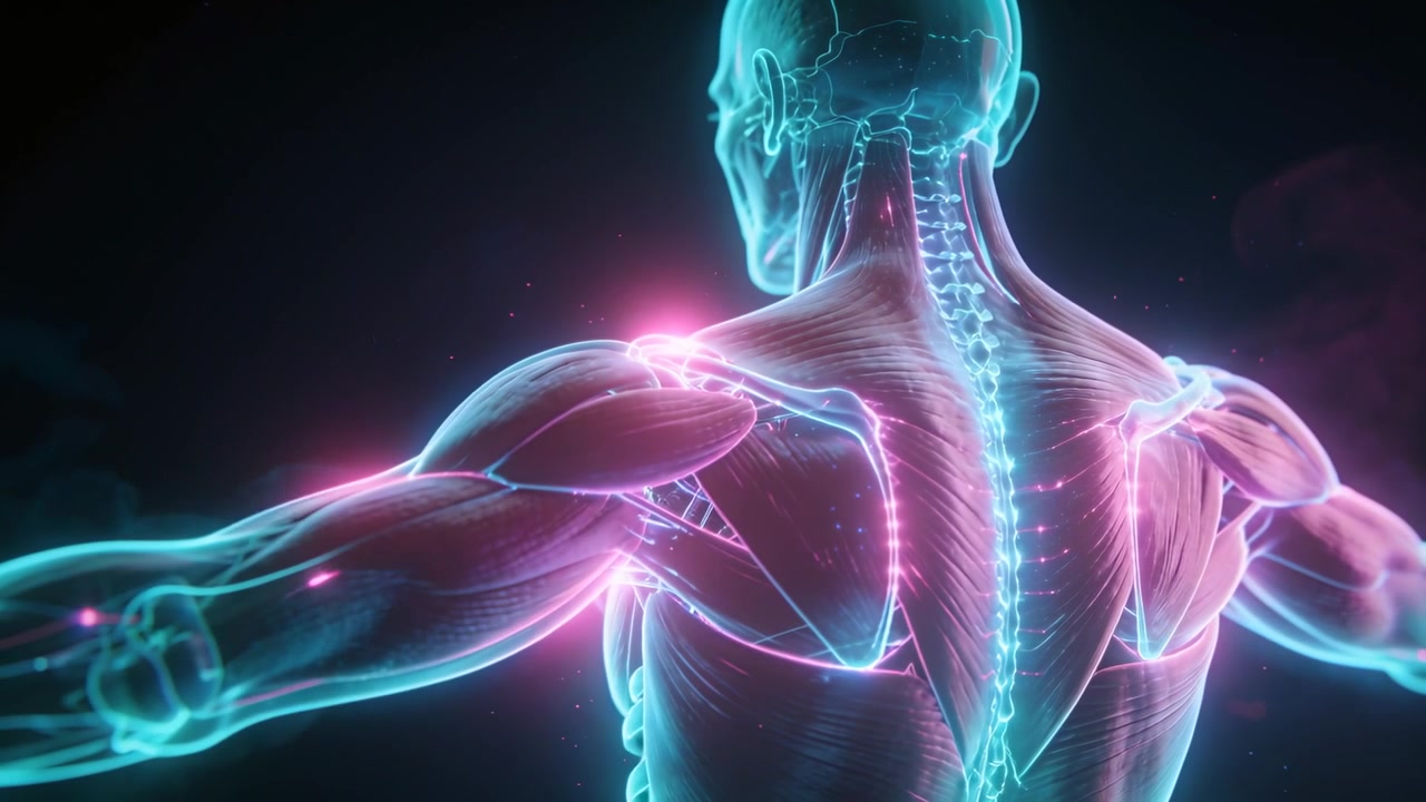 Pulsing neon highlights starting and rotating model emphasizing vertebral column in studio