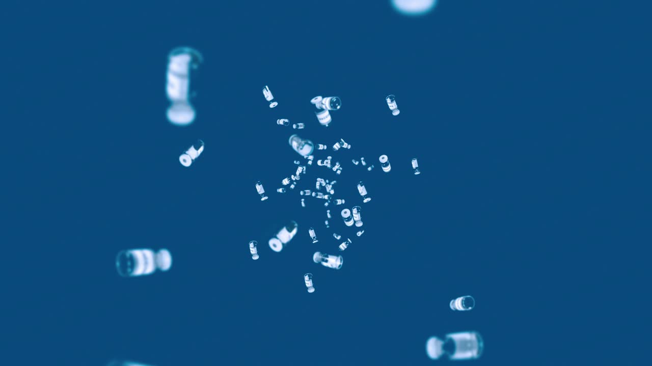 파란색 배경에 많은 백신 병을 날려. 의학 개념. 바이러스 치료. 투명한 액체. 백신의 3d 루프 애니메이션.