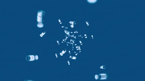 volando muchas botellas de vacunas en fondo azul. concepto médico. cura de virus. líquido transparente. animación de bucle 3d de vacunas.
