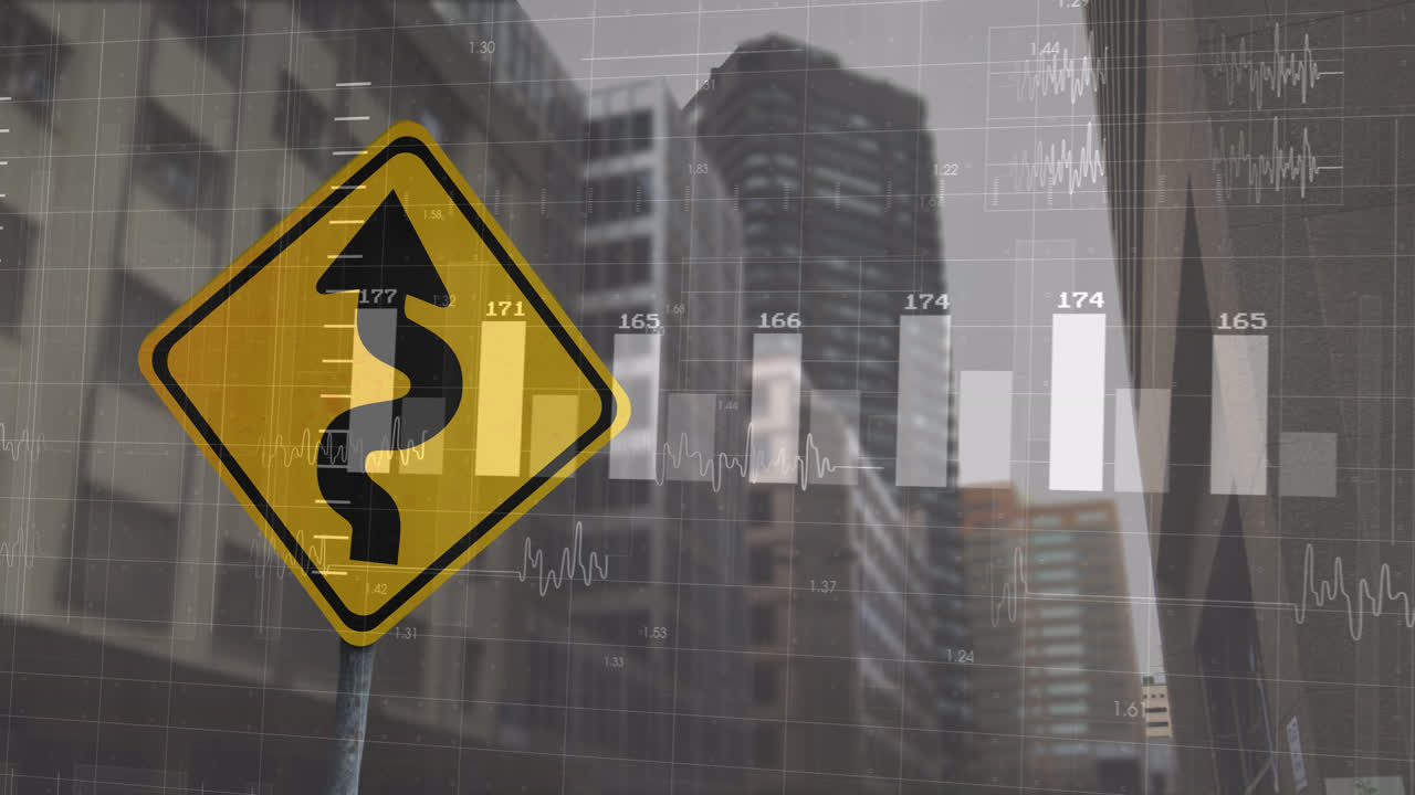 도로 표지판과 도시 풍경에 대한 금융 데이터 처리의 애니메이션