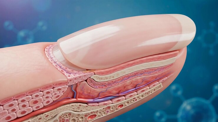 Cross section of fingertip showing nail plate nail bed skin layers blood vessels and bone anatomy