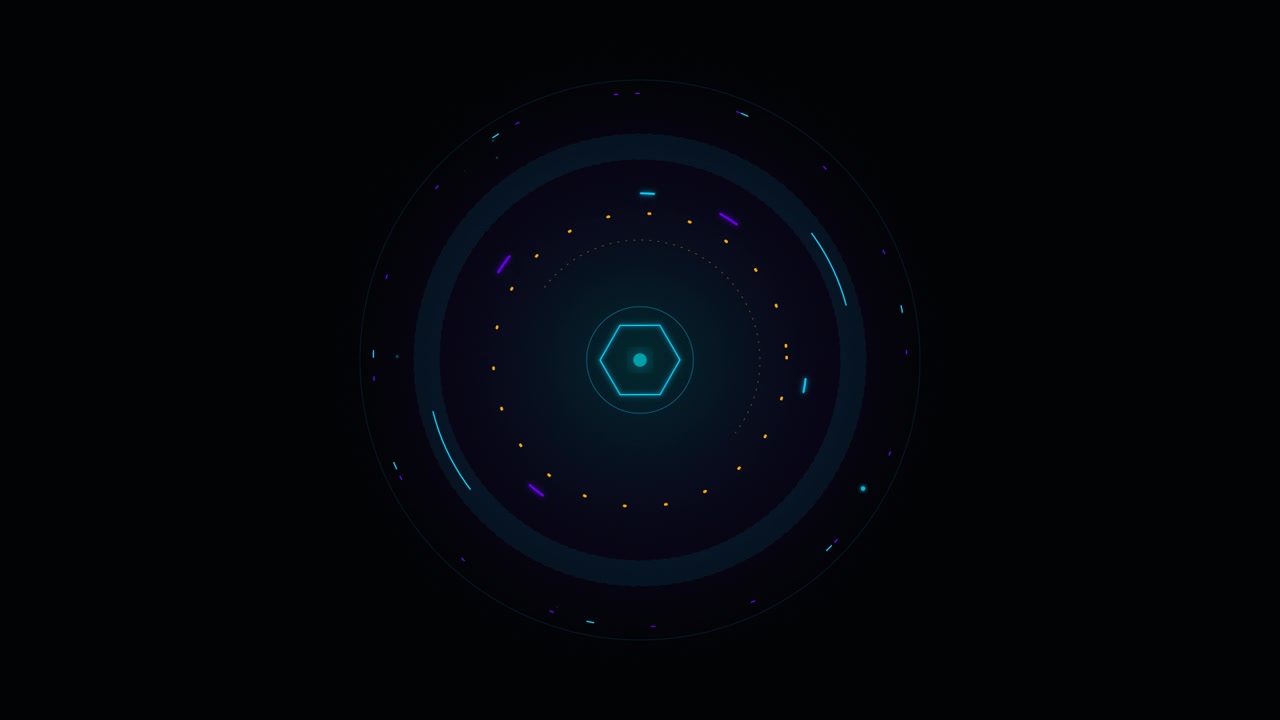 Futuristic Digital HUD Interface with Rotating Hexagon and Circular Elements