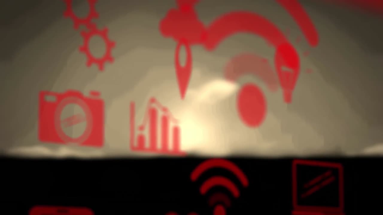 animación de iconos digitales flotando sobre el paisaje